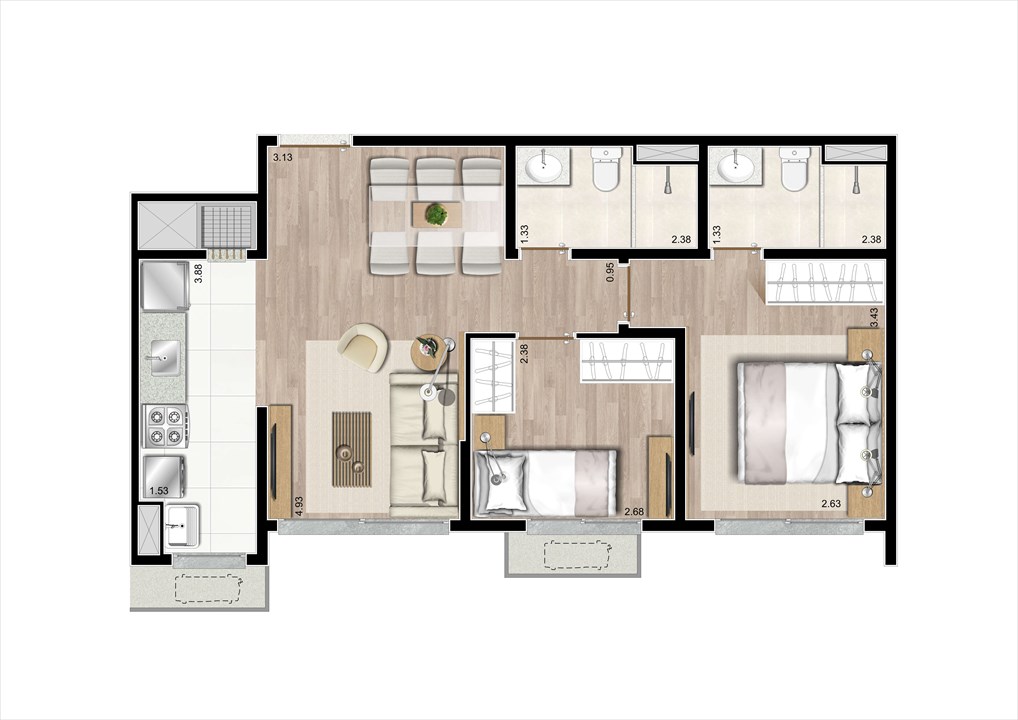 Planta 2 Dorms com Suíte 55m² | Prime Altos do Germânia – Passo d’Areia - Porto Alegre - Rio Grande do Sul Planta 2 Dorms com Suíte 55m² | Prime Altos do Germânia – Apartamento no Passo d’Areia - Porto Alegre - Rio Grande do Sul